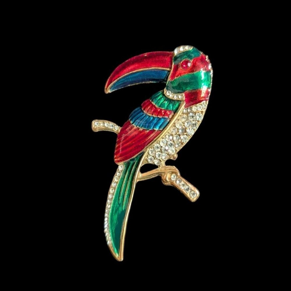 Vintage Gold-Tone Parrot Brooch With Rhinestones & Enamel‎ In Red Green Blue 3"